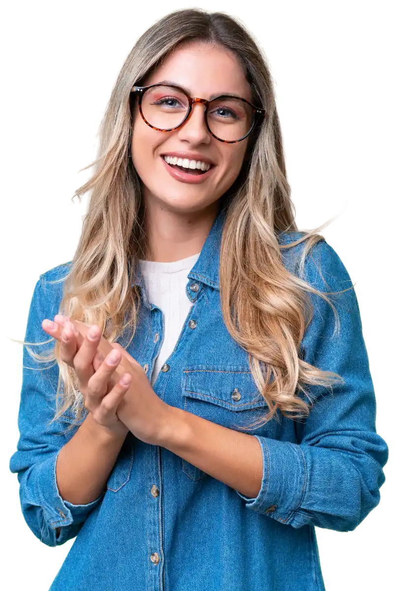 Happy woman in glasses celebrating